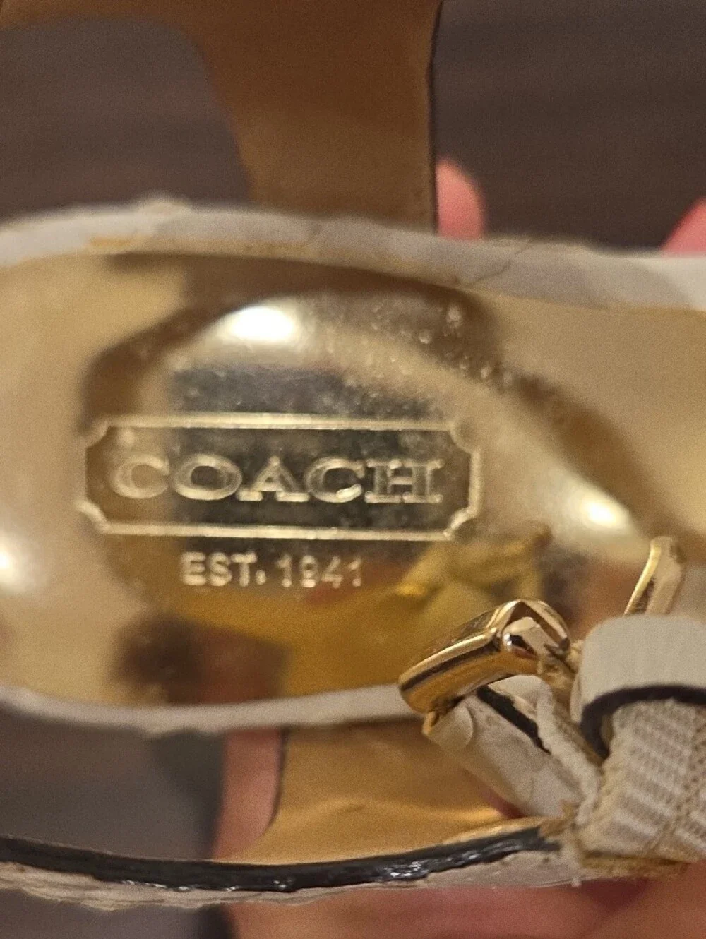 Coach Cream Textured Leather Cross-Strap Slingback Heels with Gold Insole